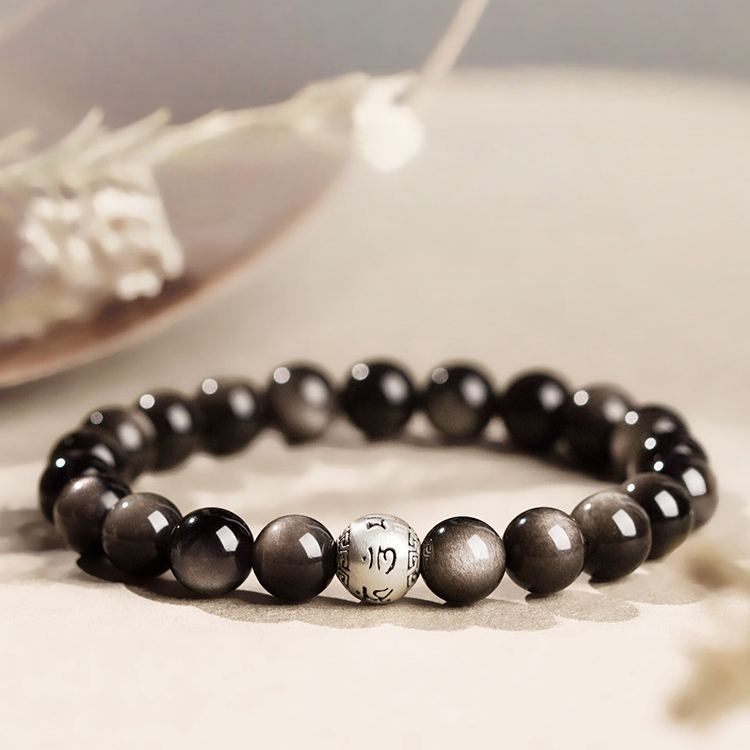 Natural Obsidian & Silver Sheen Obsidian Six Character Mantra Bracelet, Unisex Birthday Gift