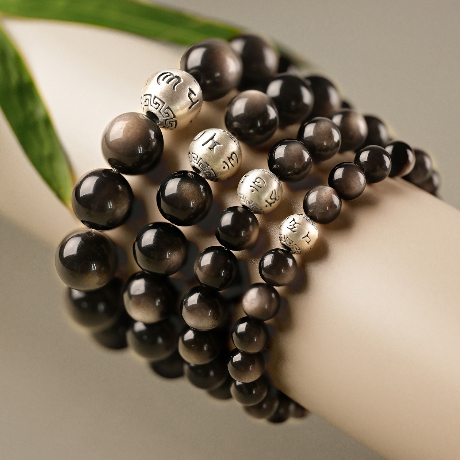 Natural Obsidian & Silver Sheen Obsidian Six Character Mantra Bracelet, Unisex Birthday Gift