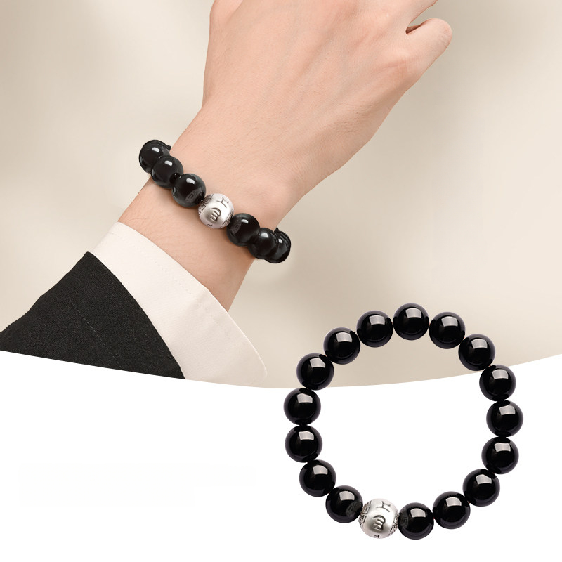 Natural Obsidian & Silver Sheen Obsidian Six Character Mantra Bracelet, Unisex Birthday Gift