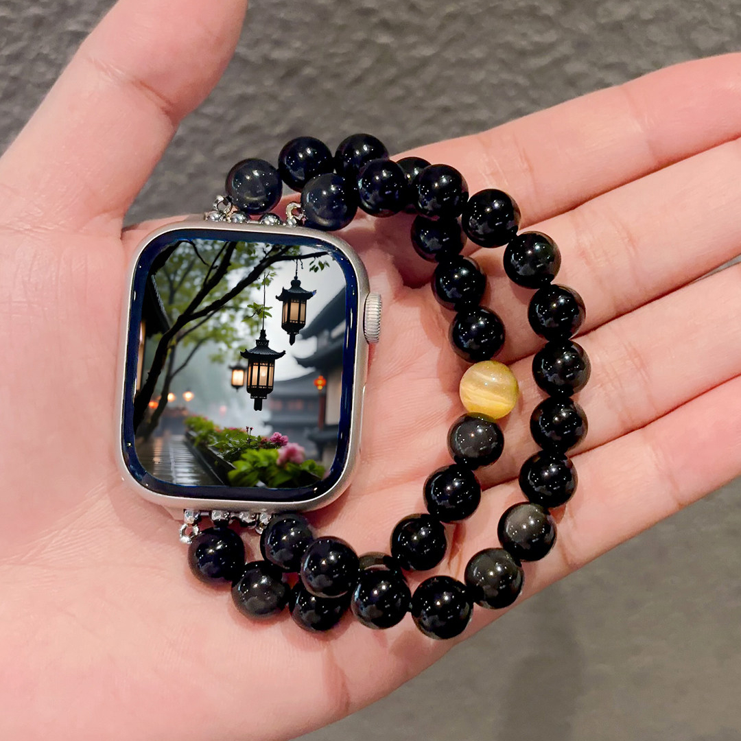 Tiger's Eye & Obsidian Beaded Bracelet Strap for Apple Watch S11/S9/S8/S7/SE, Birthday Gift
