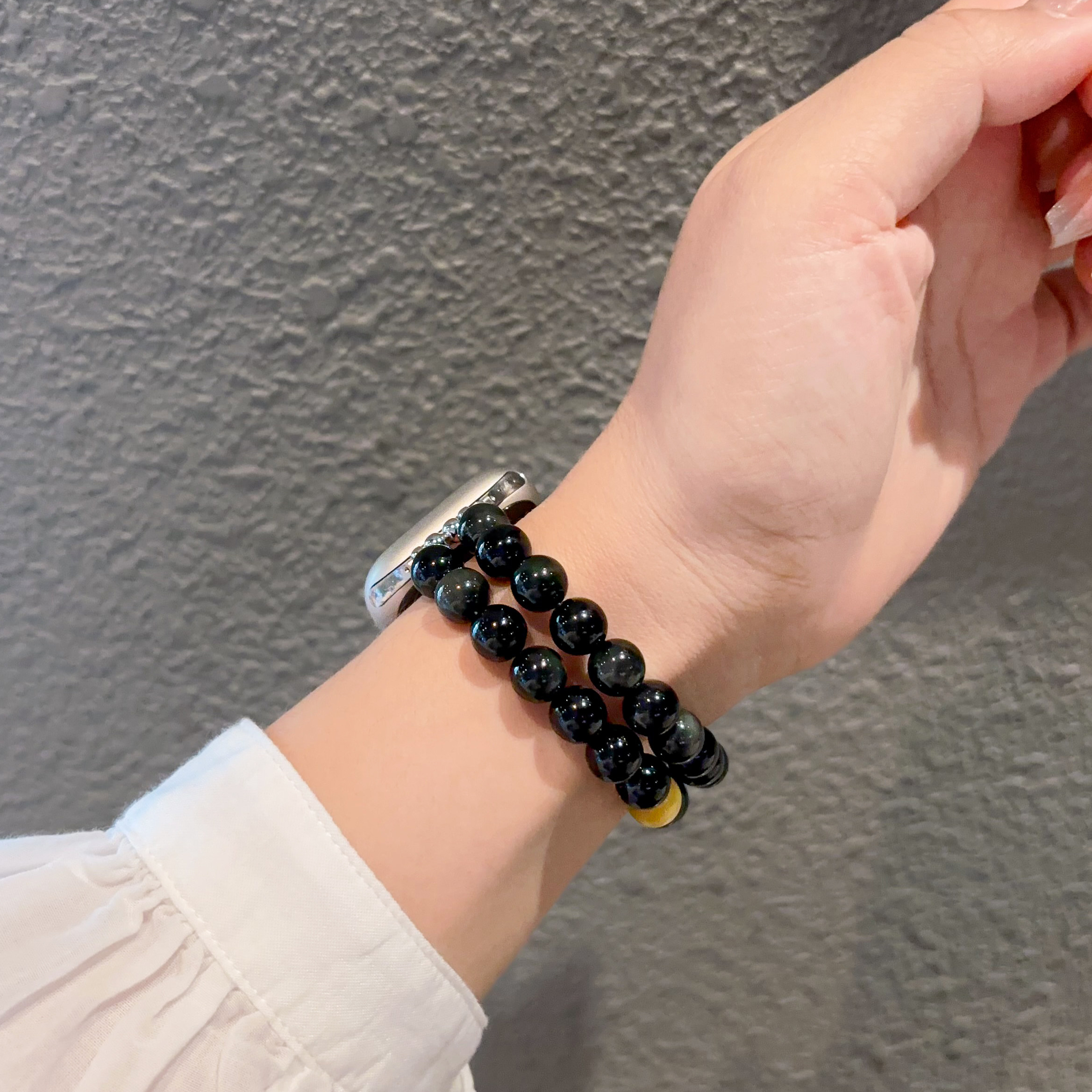 Tiger's Eye & Obsidian Beaded Bracelet Strap for Apple Watch S11/S9/S8/S7/SE, Birthday Gift