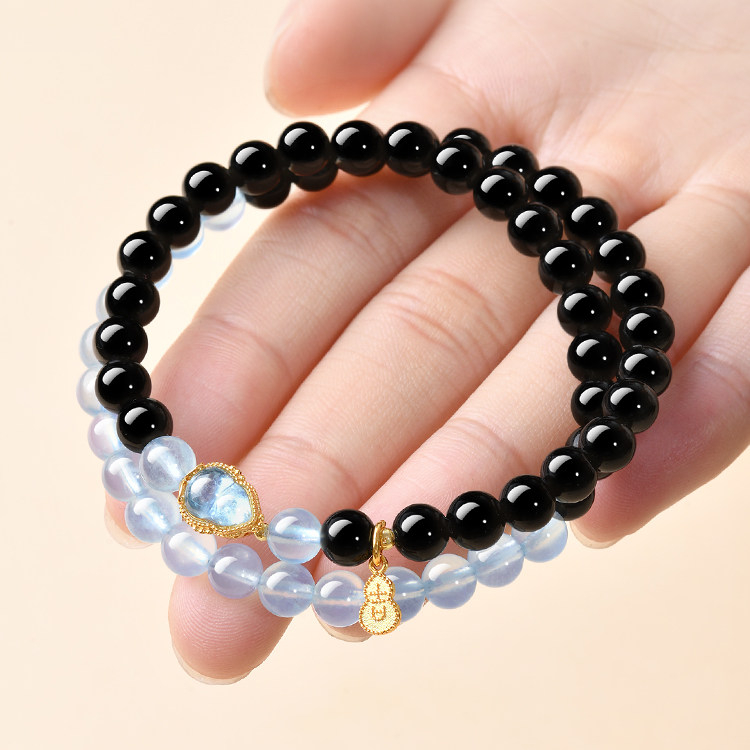 Natural Obsidian Aquamarine Double‑Loop Bracelet for Women, Wealth & Fortune, Valentine’s Day Gift