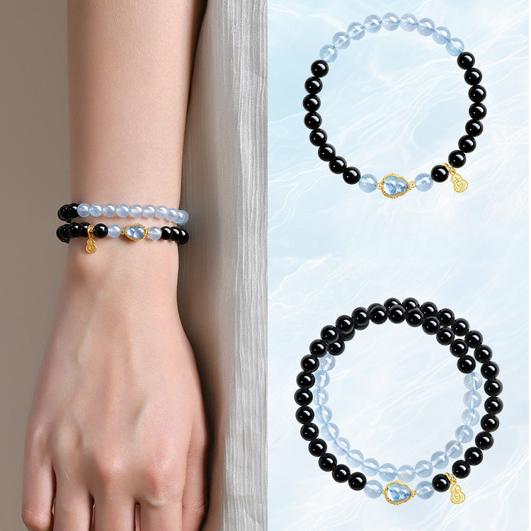 Natural Obsidian Aquamarine Double‑Loop Bracelet for Women, Wealth & Fortune, Valentine’s Day Gift