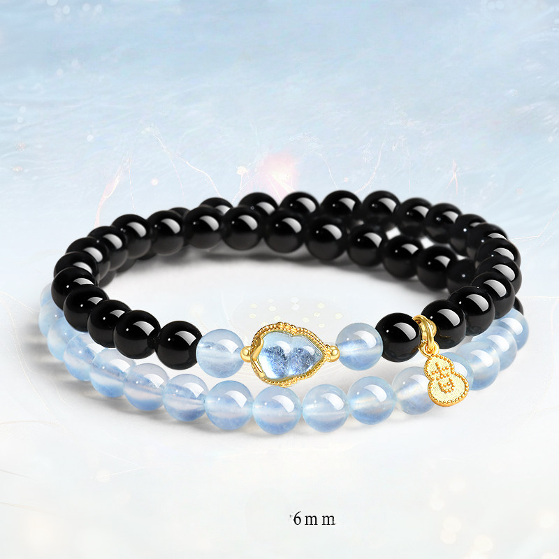 Natural Obsidian Aquamarine Double‑Loop Bracelet for Women, Wealth & Fortune, Valentine’s Day Gift