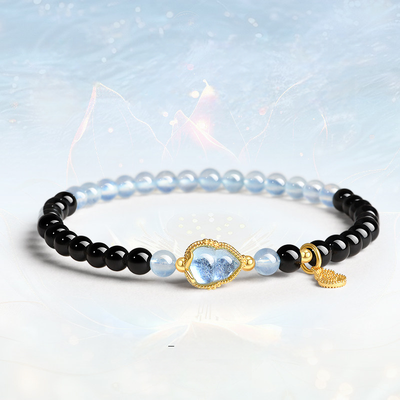 Natural Obsidian Aquamarine Double‑Loop Bracelet for Women, Wealth & Fortune, Valentine’s Day Gift