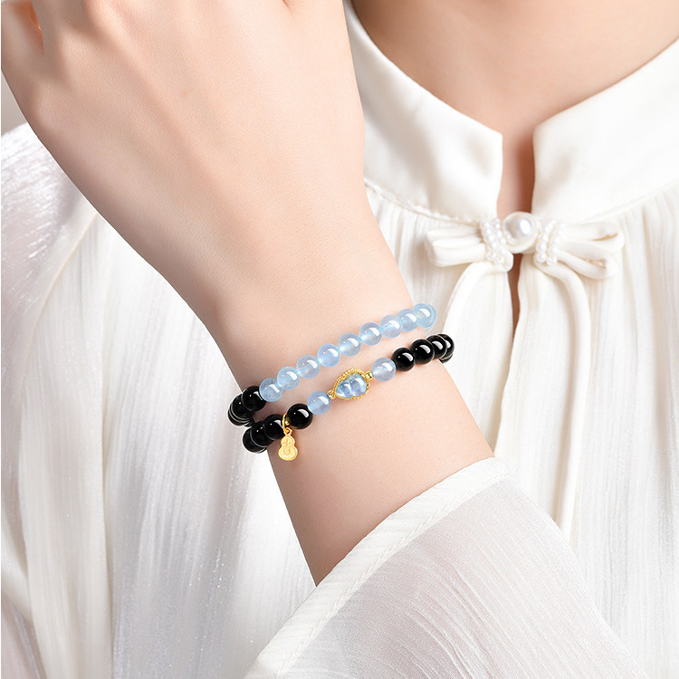 Natural Obsidian Aquamarine Double‑Loop Bracelet for Women, Wealth & Fortune, Valentine’s Day Gift