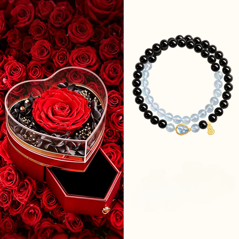 Natural Obsidian Aquamarine Double‑Loop Bracelet for Women, Wealth & Fortune, Valentine’s Day Gift