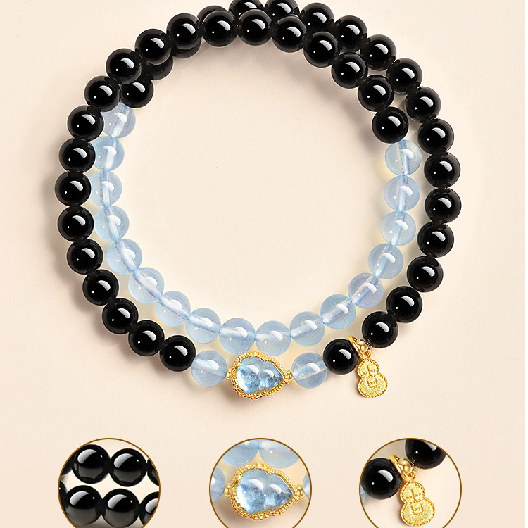 Natural Obsidian Aquamarine Double‑Loop Bracelet for Women, Wealth & Fortune, Valentine’s Day Gift