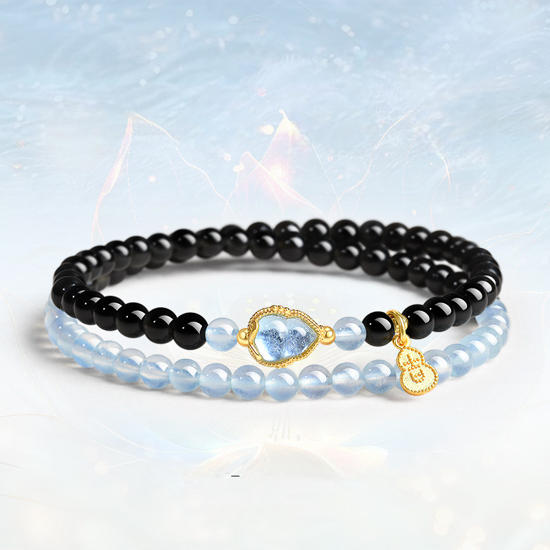 Natural Obsidian Aquamarine Double‑Loop Bracelet for Women, Wealth & Fortune, Valentine’s Day Gift