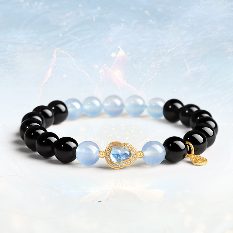 Natural Obsidian Aquamarine Double‑Loop Bracelet for Women, Wealth & Fortune, Valentine’s Day Gift