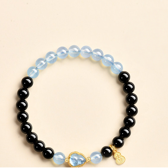 Natural Obsidian Aquamarine Double‑Loop Bracelet for Women, Wealth & Fortune, Valentine’s Day Gift