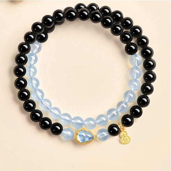 Natural Obsidian Aquamarine Double‑Loop Bracelet for Women, Wealth & Fortune, Valentine’s Day Gift