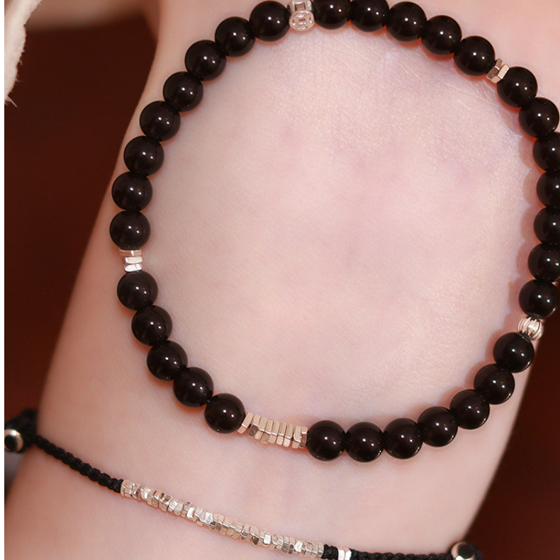 Natural Obsidian & Sterling Silver Chip Bracelet Stackable Wealth Fortune Valentine Gift