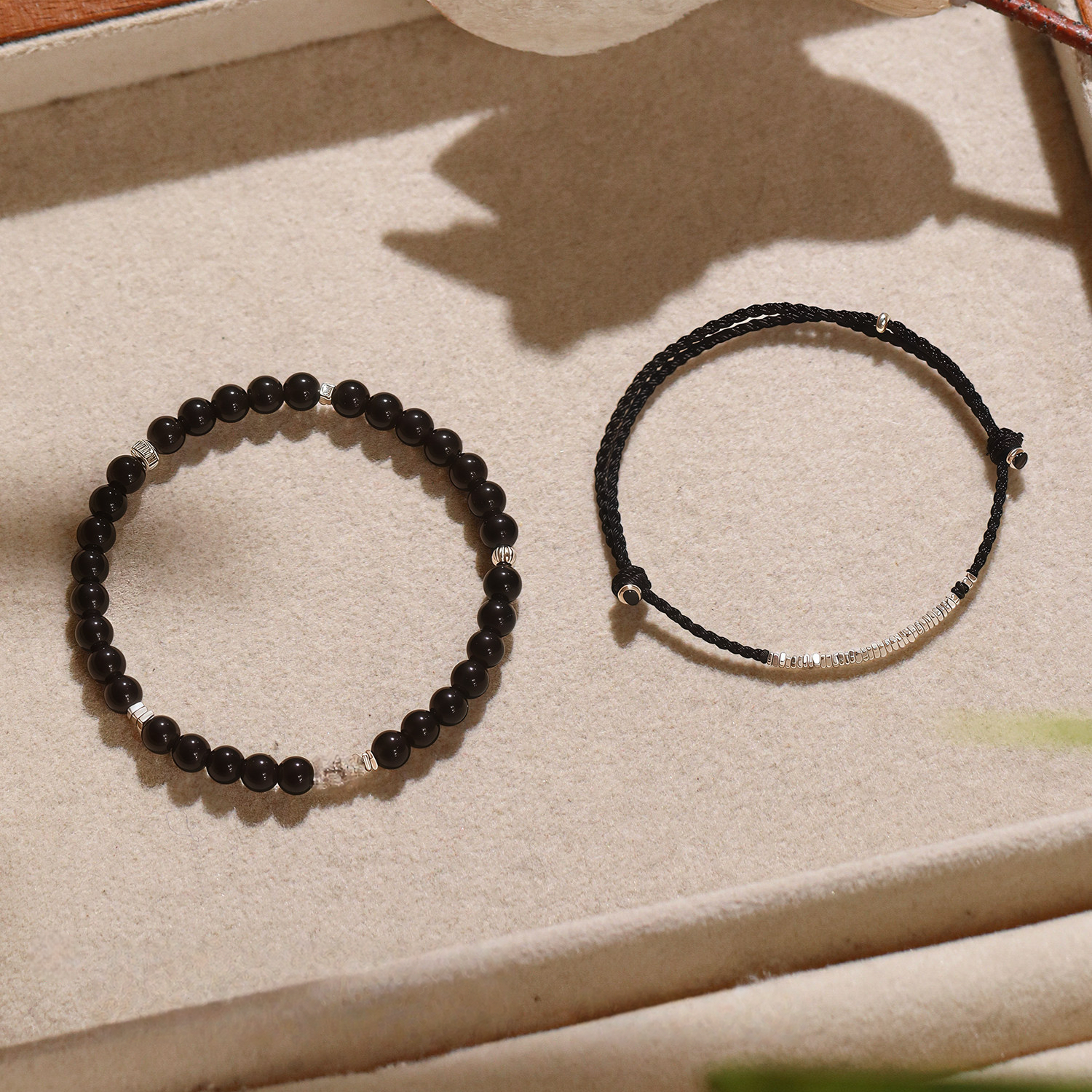 Natural Obsidian & Sterling Silver Chip Bracelet Stackable Wealth Fortune Valentine Gift