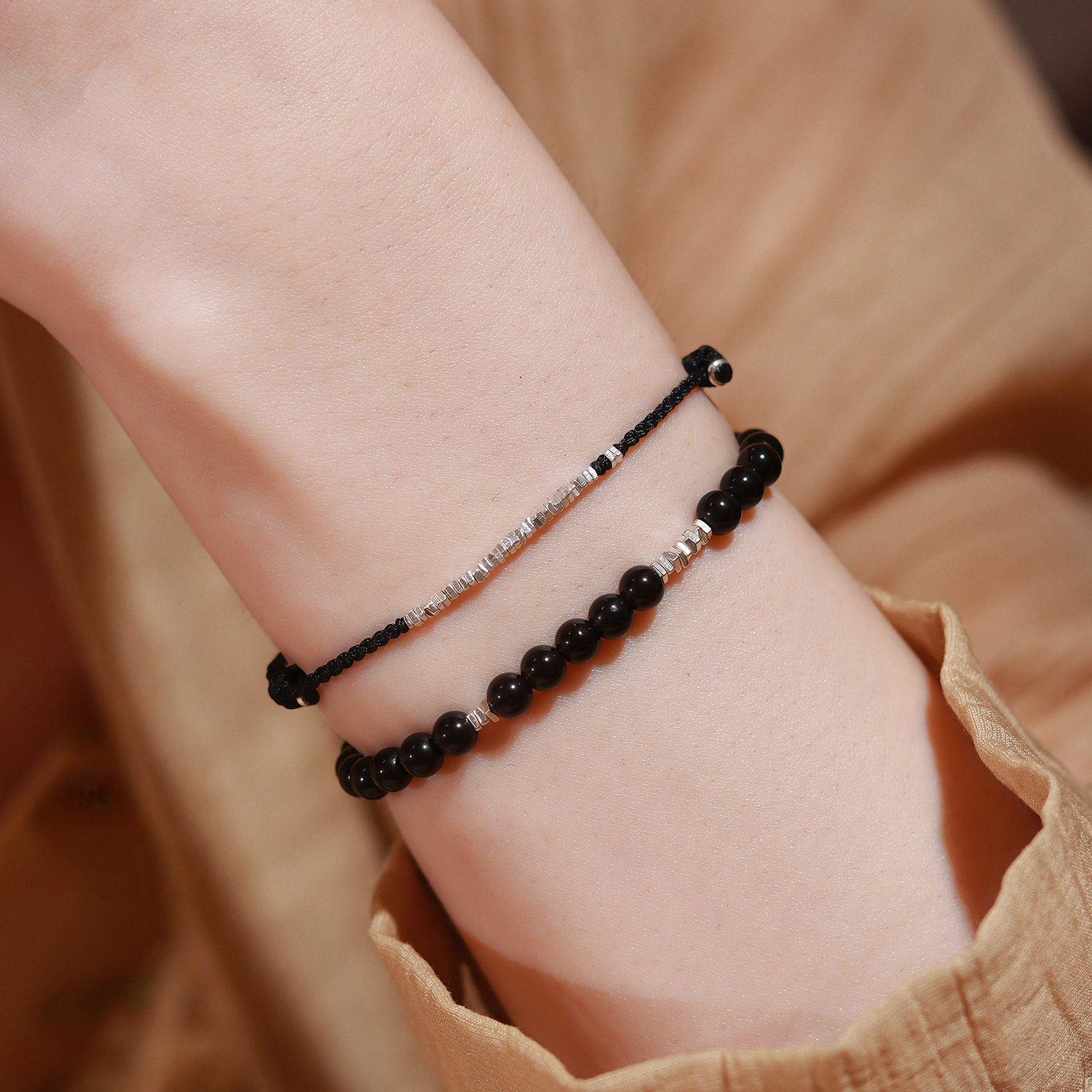 Natural Obsidian & Sterling Silver Chip Bracelet Stackable Wealth Fortune Valentine Gift