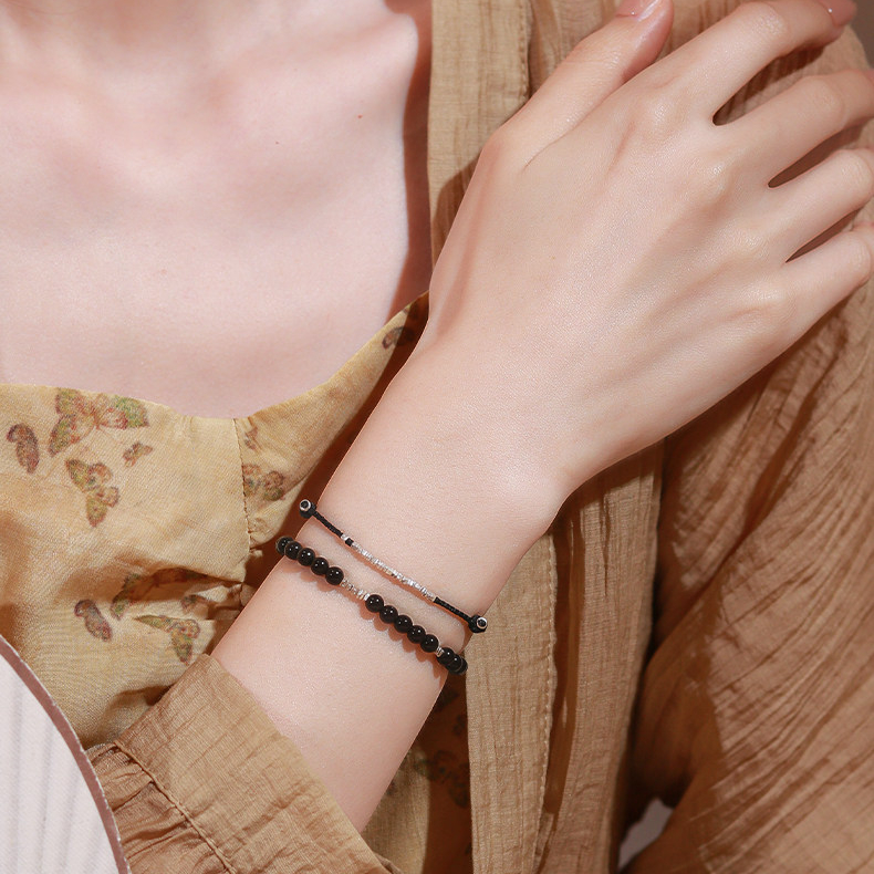 Natural Obsidian & Sterling Silver Chip Bracelet Stackable Wealth Fortune Valentine Gift