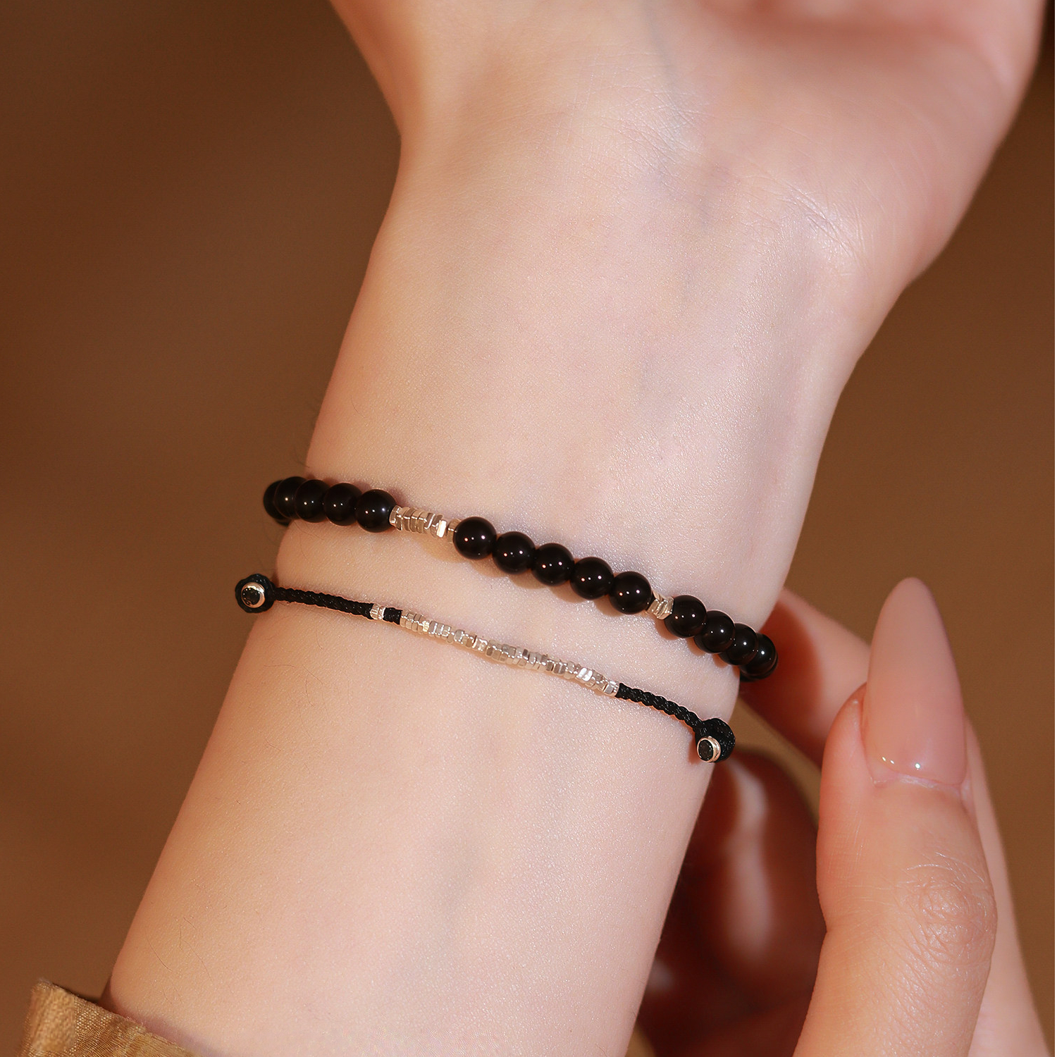 Natural Obsidian & Sterling Silver Chip Bracelet Stackable Wealth Fortune Valentine Gift