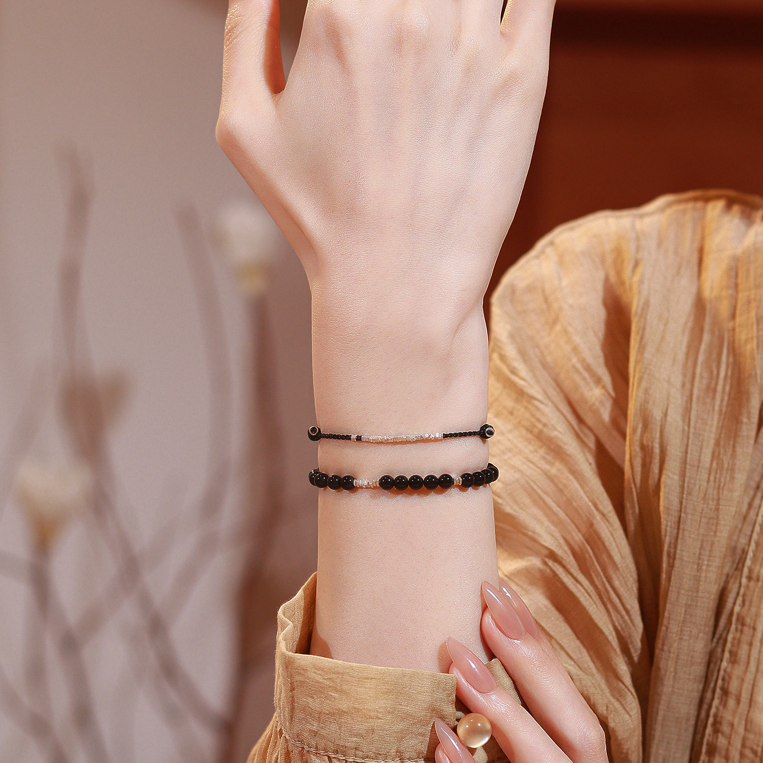 Natural Obsidian & Sterling Silver Chip Bracelet Stackable Wealth Fortune Valentine Gift