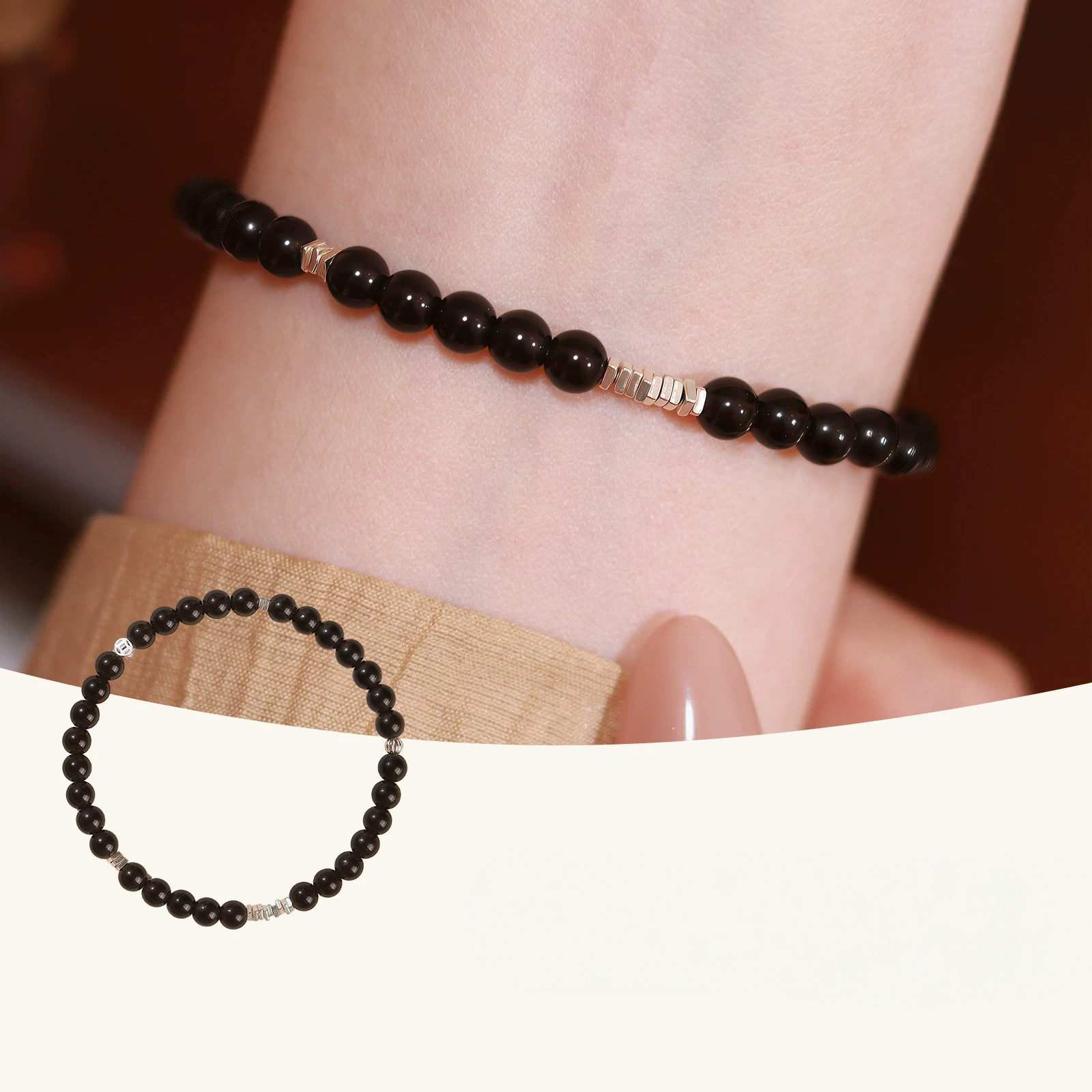 Natural Obsidian & Sterling Silver Chip Bracelet Stackable Wealth Fortune Valentine Gift