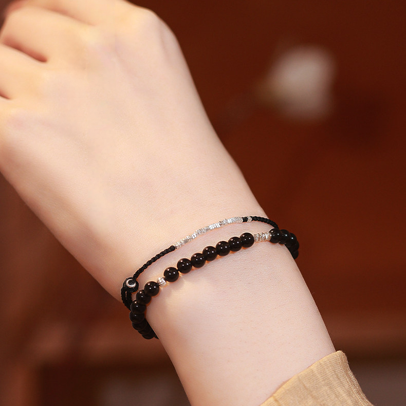 Natural Obsidian & Sterling Silver Chip Bracelet Stackable Wealth Fortune Valentine Gift