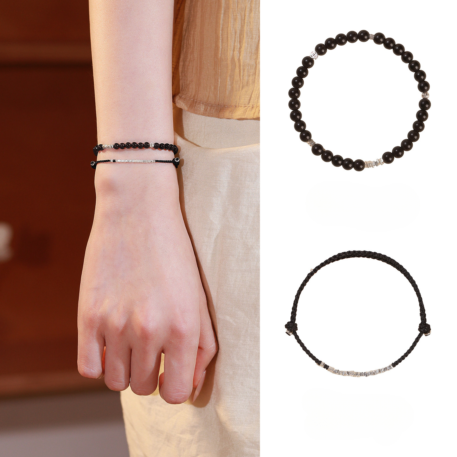 Natural Obsidian & Sterling Silver Chip Bracelet Stackable Wealth Fortune Valentine Gift