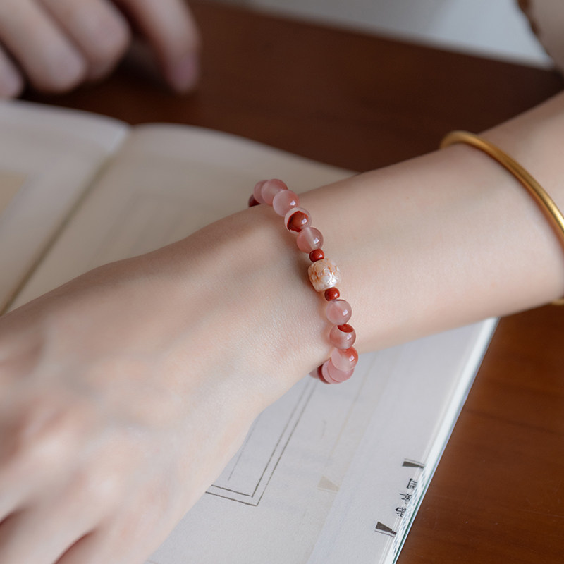 Natural Nanhong Agate & Pearl Fortune Bead Bracelet, Good Luck Birthday Gift