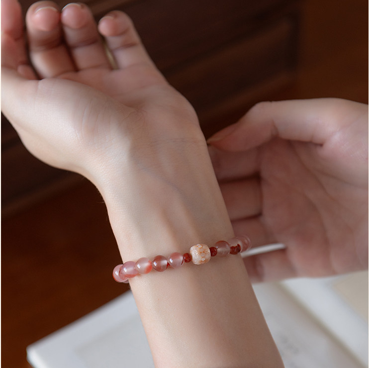 Natural Nanhong Agate & Pearl Fortune Bead Bracelet, Good Luck Birthday Gift