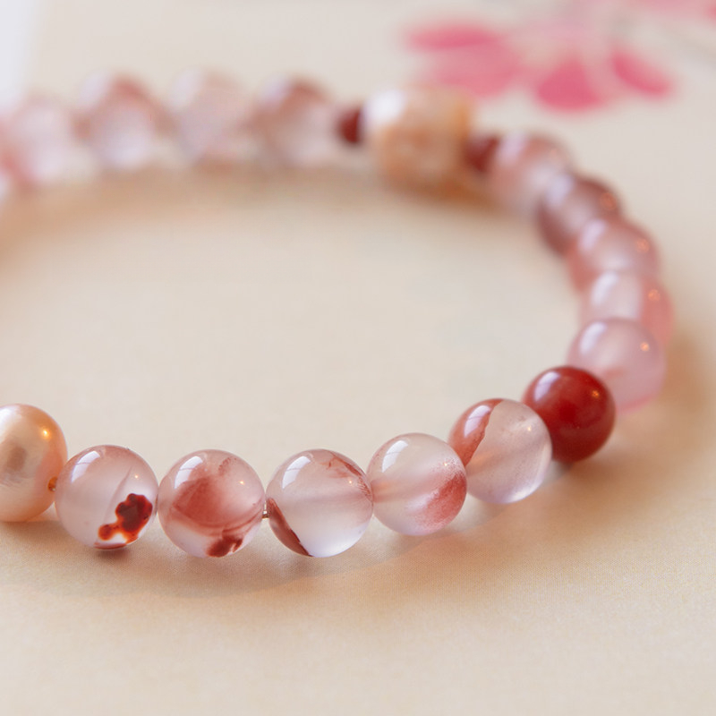 Natural Nanhong Agate & Pearl Fortune Bead Bracelet, Good Luck Birthday Gift