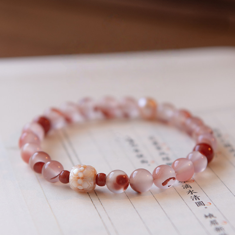Natural Nanhong Agate & Pearl Fortune Bead Bracelet, Good Luck Birthday Gift