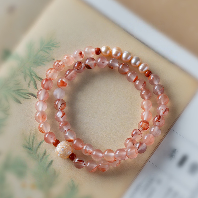 Natural Nanhong Agate & Pearl Fortune Bead Bracelet, Good Luck Birthday Gift