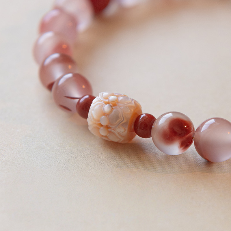 Natural Nanhong Agate & Pearl Fortune Bead Bracelet, Good Luck Birthday Gift