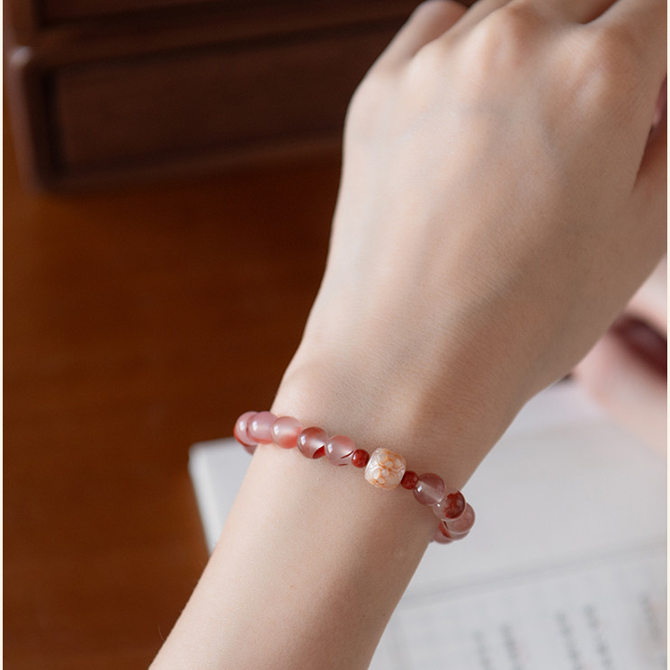 Natural Nanhong Agate & Pearl Fortune Bead Bracelet, Good Luck Birthday Gift