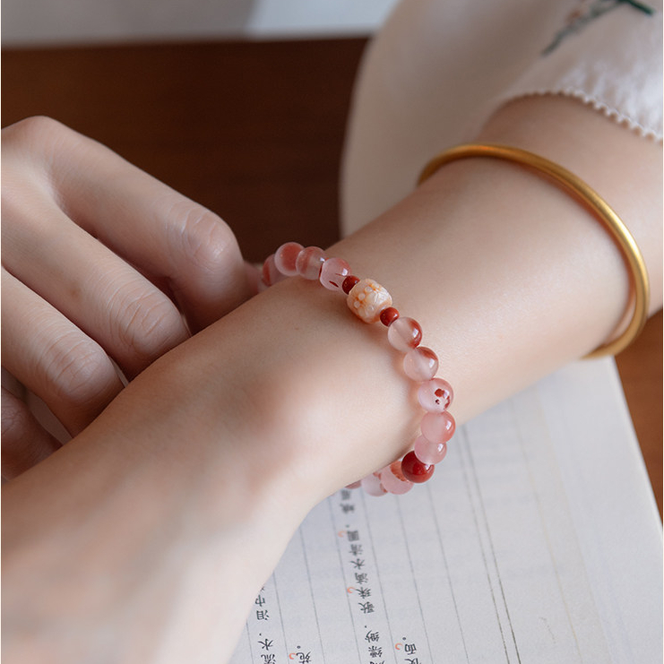 Natural Nanhong Agate & Pearl Fortune Bead Bracelet, Good Luck Birthday Gift