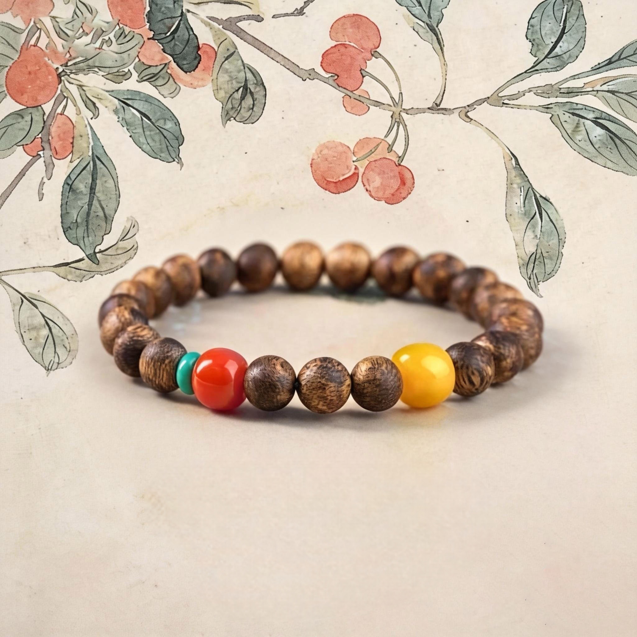 Kynam Agarwood & Natural Nanhong Agate Wooden Bracelet Valentine Gift