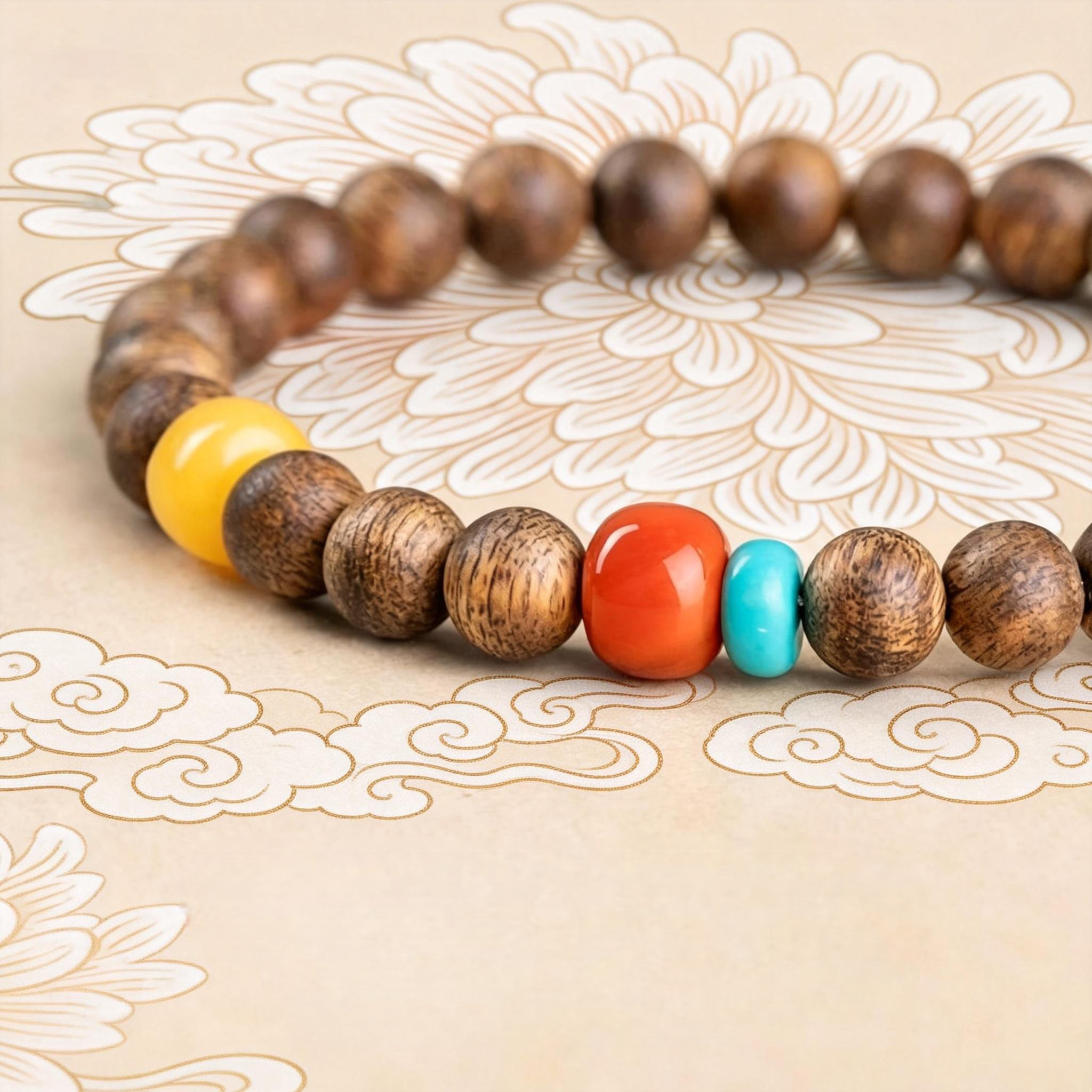 Kynam Agarwood & Natural Nanhong Agate Wooden Bracelet Valentine Gift