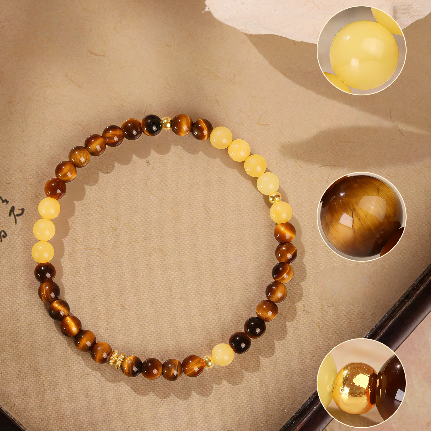 Natural Yellow Amber & Tiger's Eye Bracelet, Women Birthday Gift
