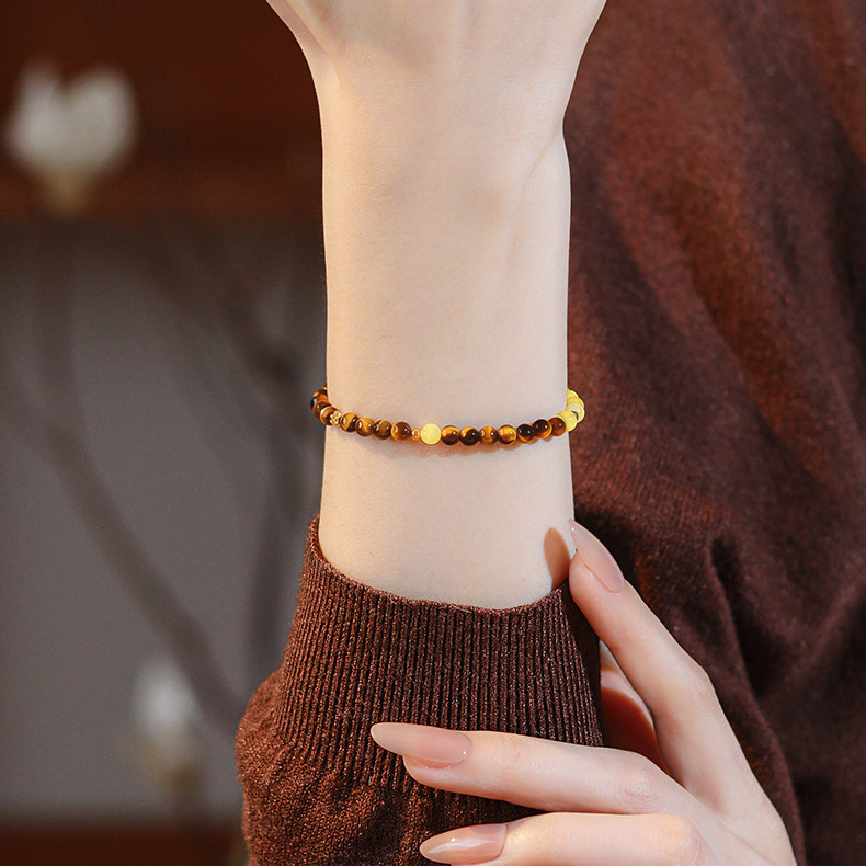 Natural Yellow Amber & Tiger's Eye Bracelet, Women Birthday Gift