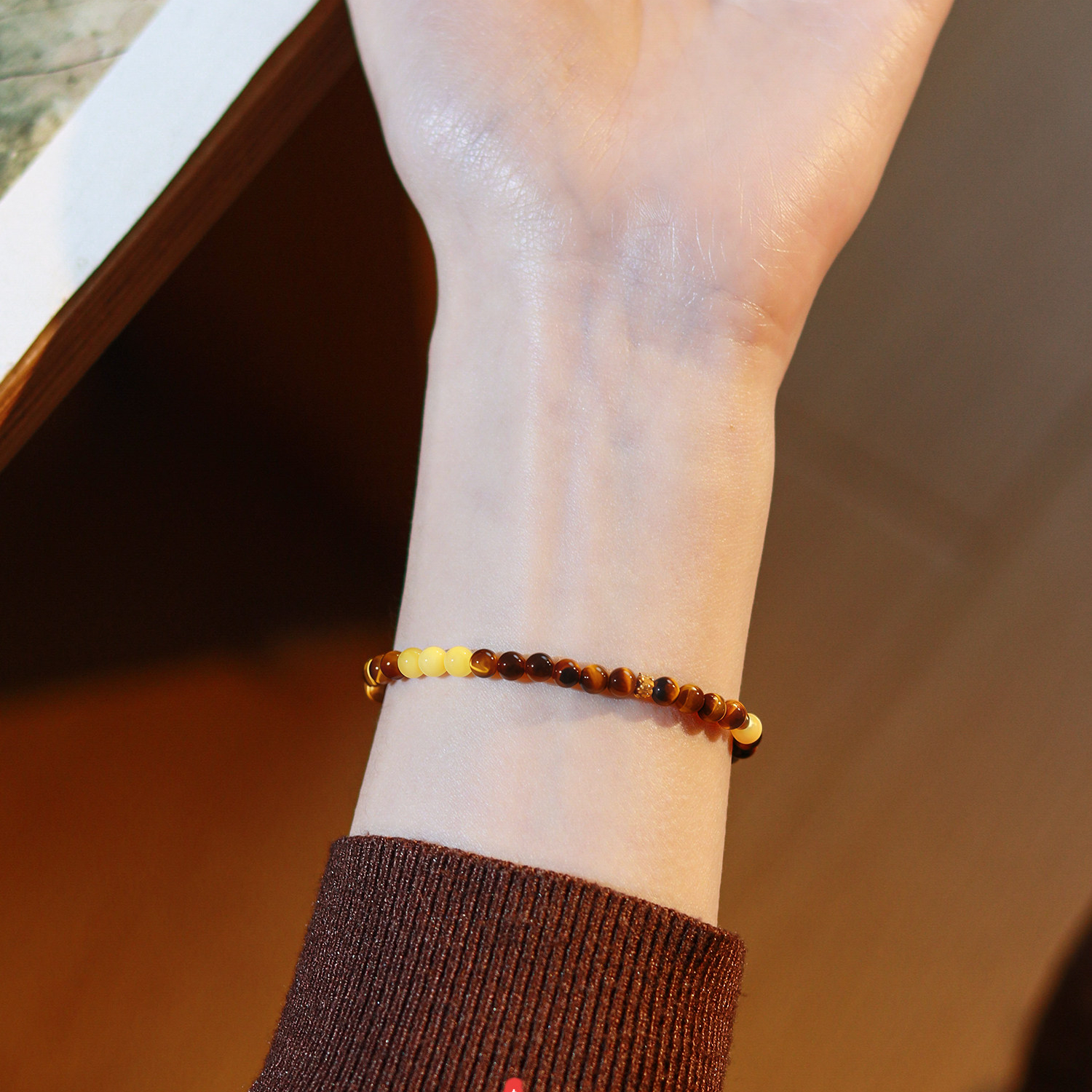 Natural Yellow Amber & Tiger's Eye Bracelet, Women Birthday Gift