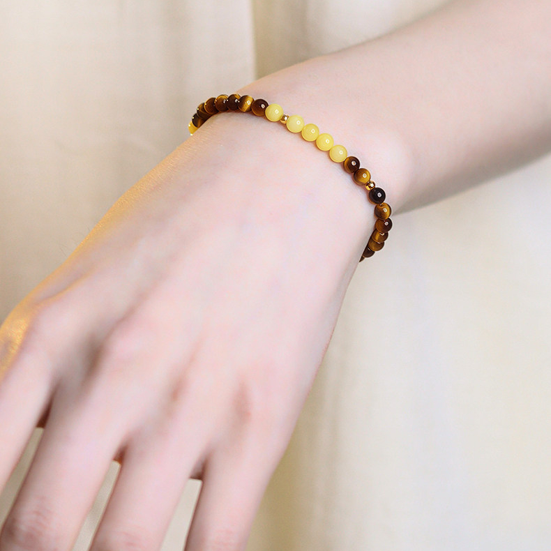 Natural Yellow Amber & Tiger's Eye Bracelet, Women Birthday Gift