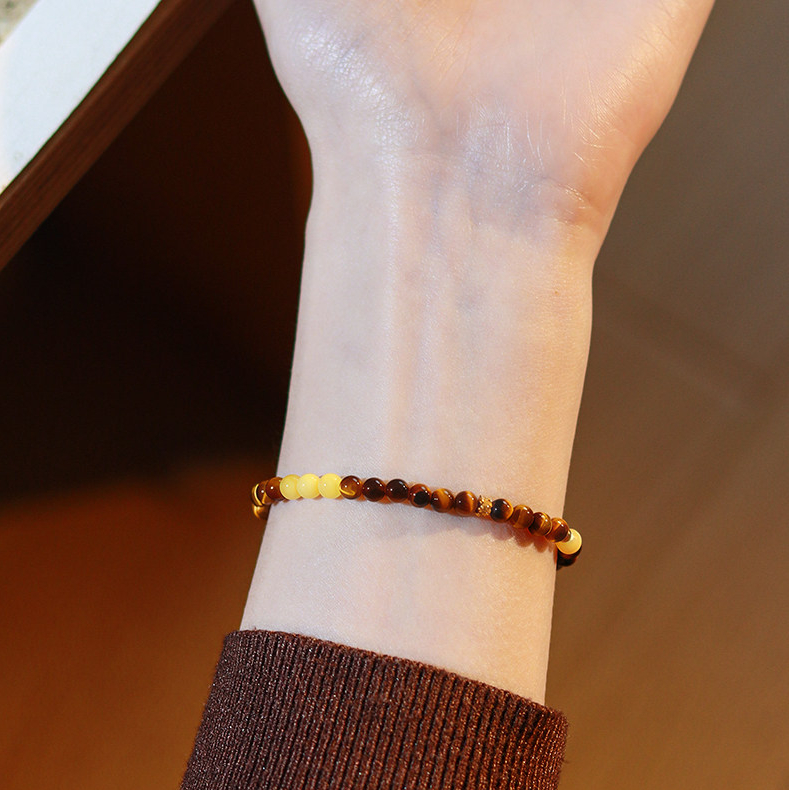 Natural Yellow Amber & Tiger's Eye Bracelet, Women Birthday Gift
