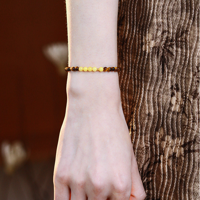 Natural Yellow Amber & Tiger's Eye Bracelet, Women Birthday Gift