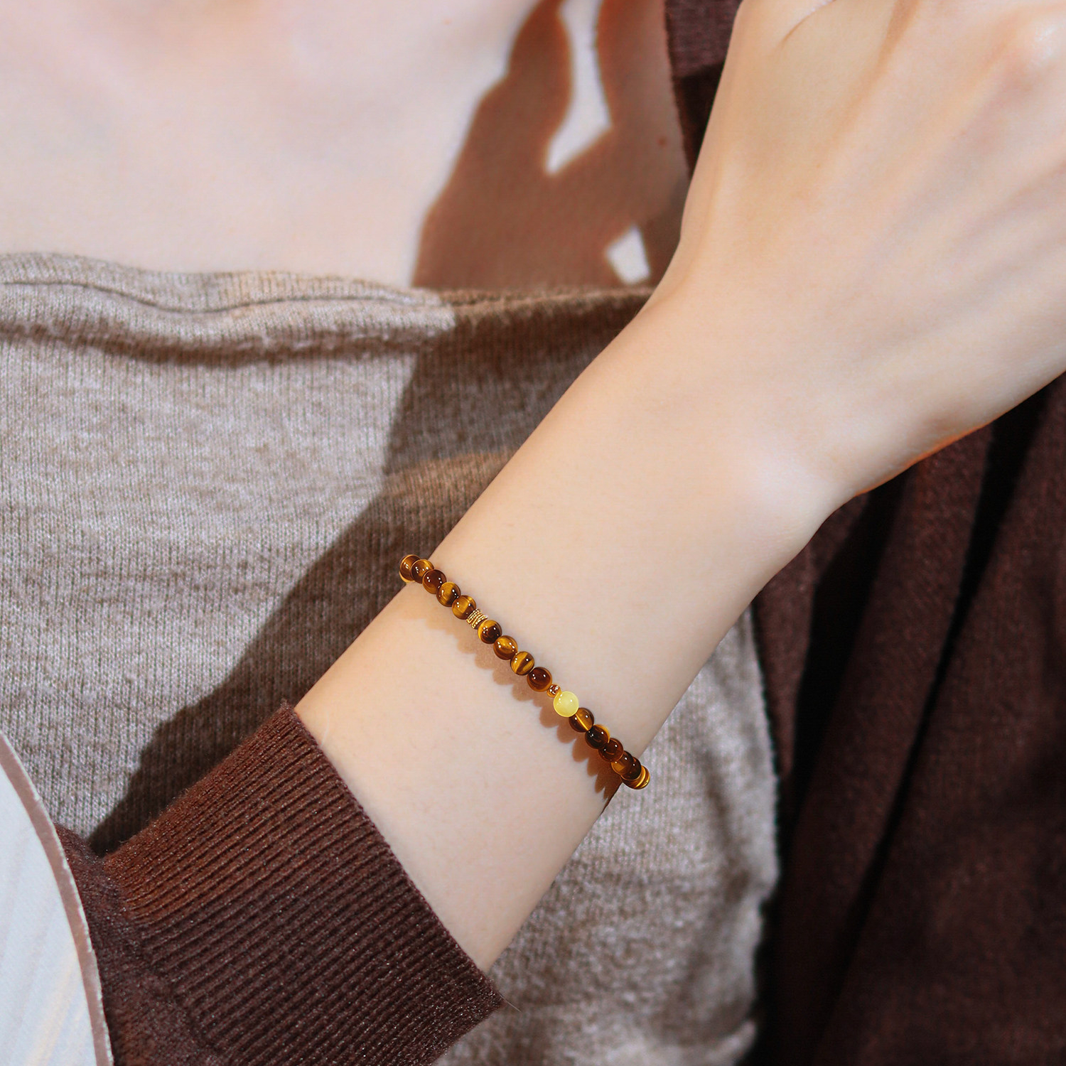 Natural Yellow Amber & Tiger's Eye Bracelet, Women Birthday Gift