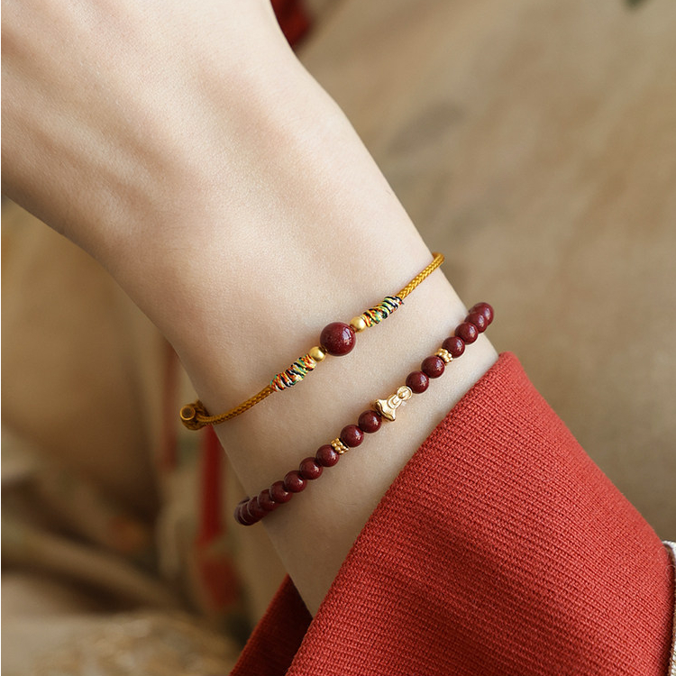 Natural Cinnabar Lucky Bead Bracelet, Colorful Red String, Birthday Gift