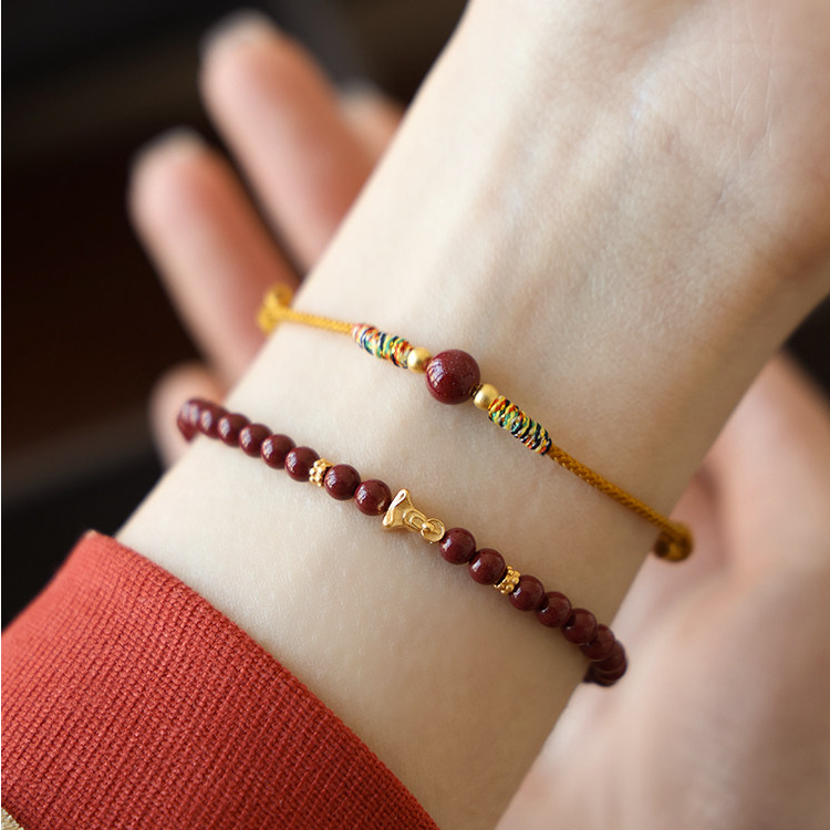 Natural Cinnabar Lucky Bead Bracelet, Colorful Red String, Birthday Gift