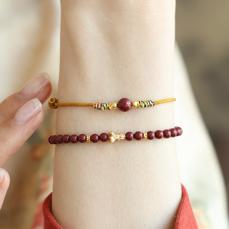 Natural Cinnabar Lucky Bead Bracelet, Colorful Red String, Birthday Gift