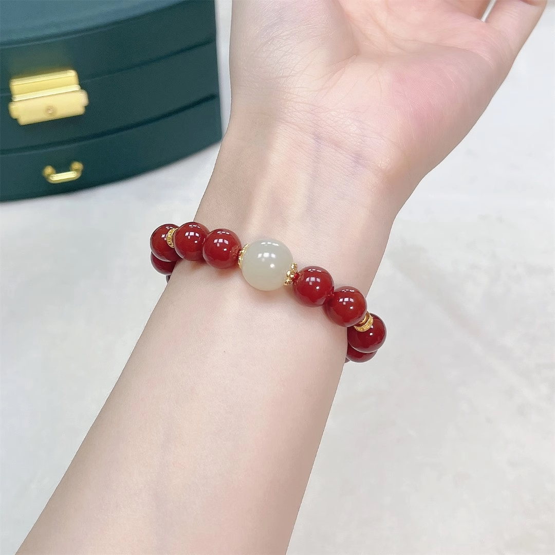Natural Red Agate Hetian Jade Amber Bracelet, Women Wealth Fortune Gift