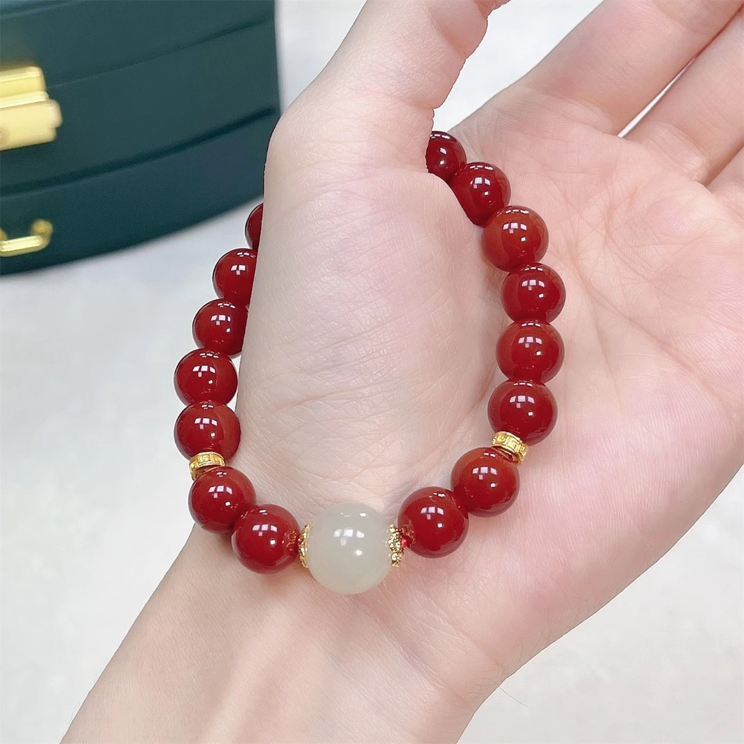 Natural Red Agate Hetian Jade Amber Bracelet, Women Wealth Fortune Gift