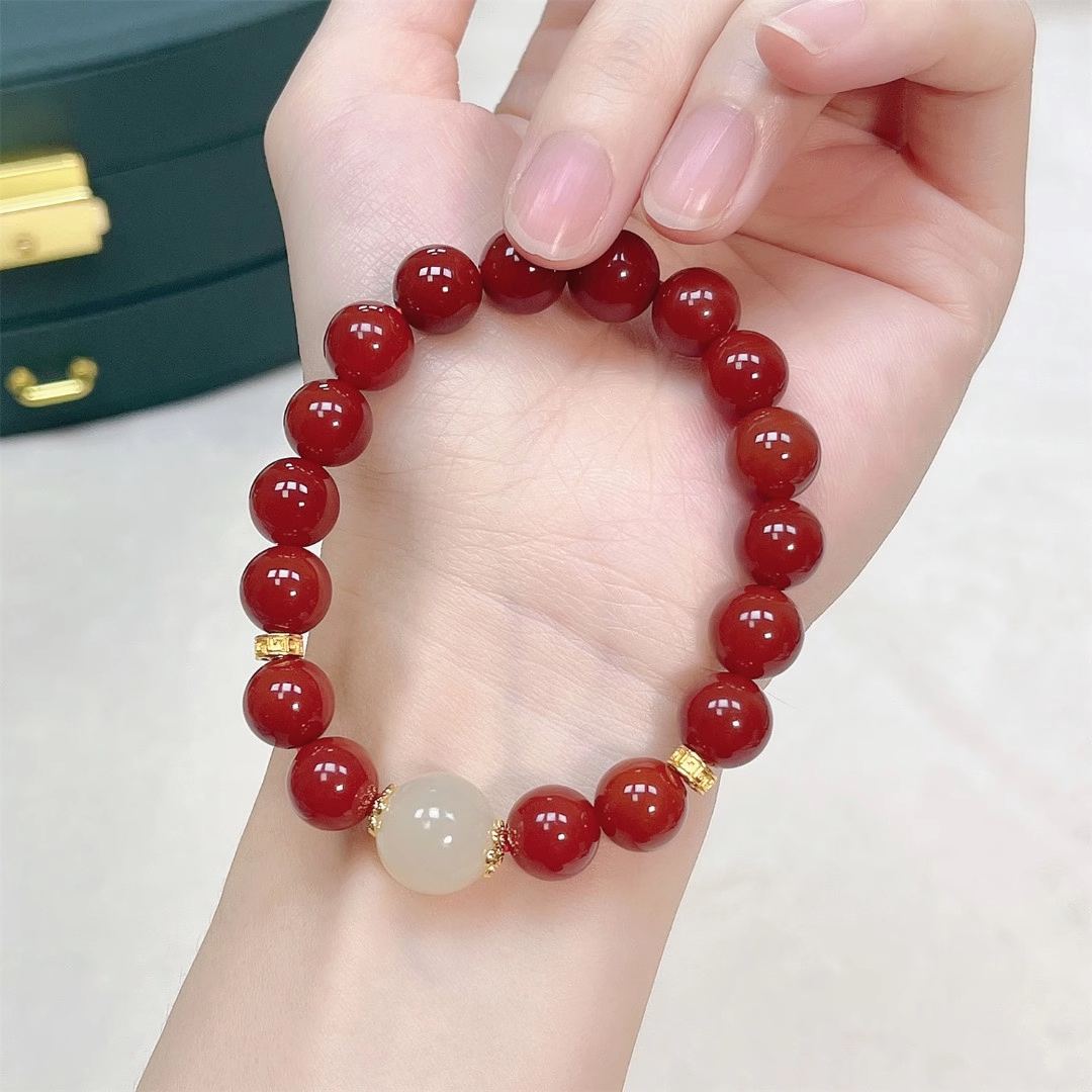 Natural Red Agate Hetian Jade Amber Bracelet, Women Wealth Fortune Gift