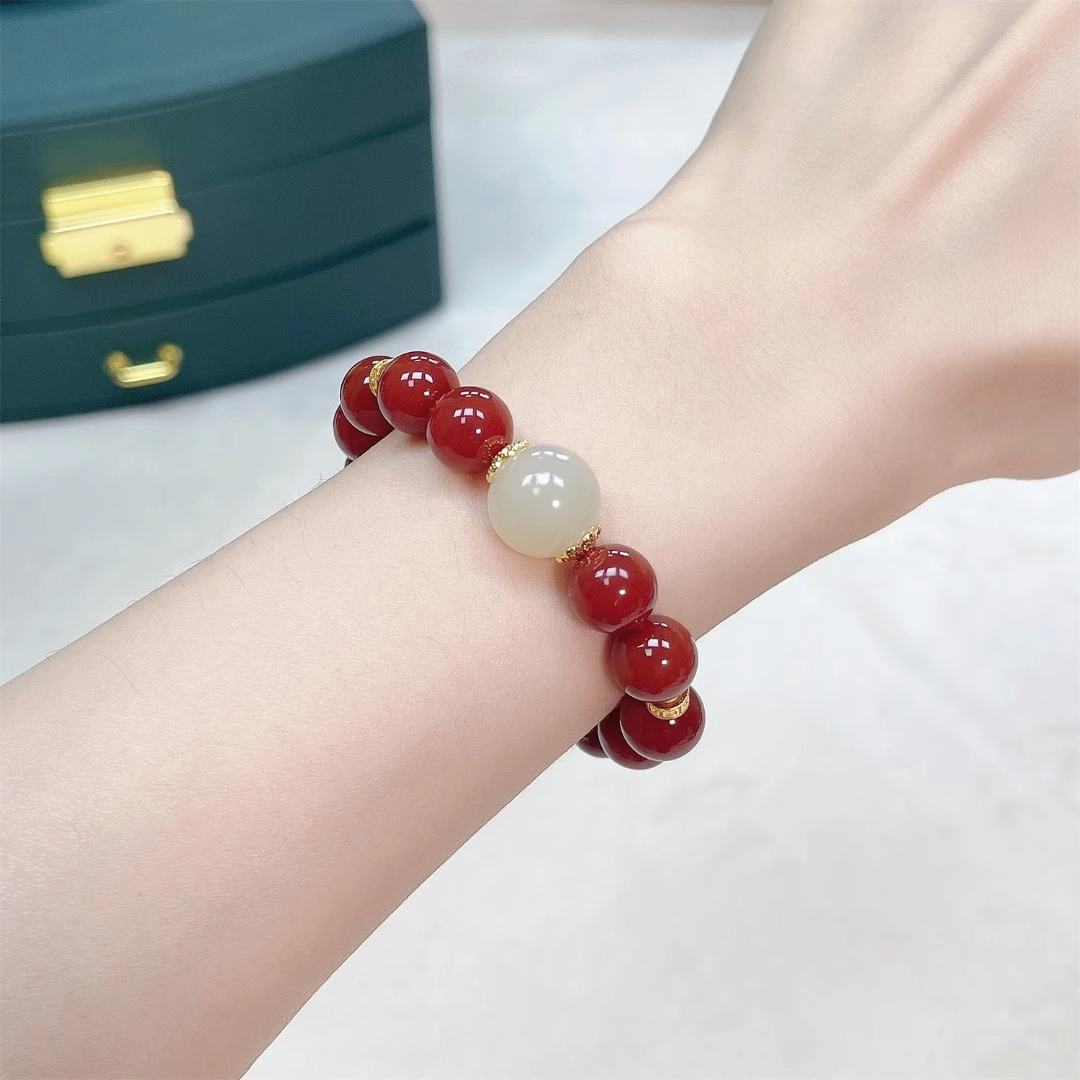 Natural Red Agate Hetian Jade Amber Bracelet, Women Wealth Fortune Gift