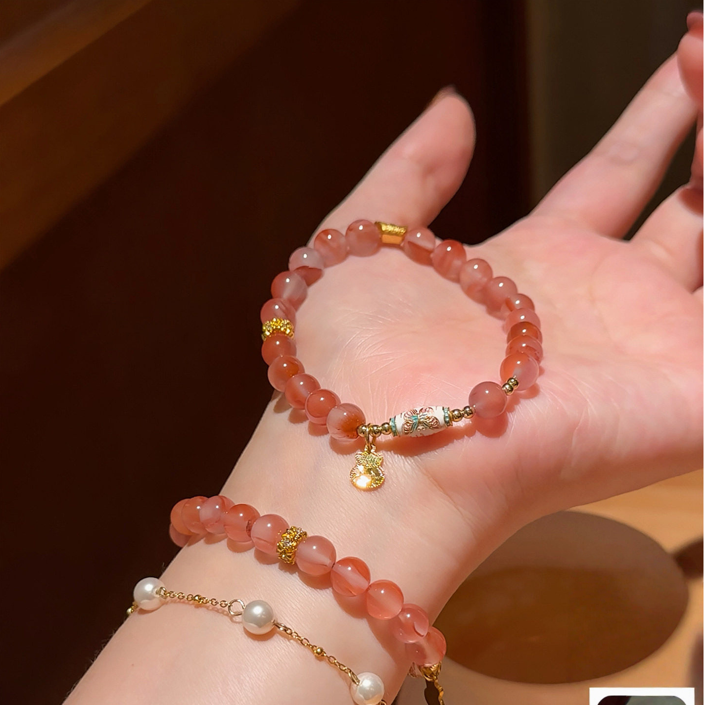 Ingot Enamel & Icy-Patterned Nanhong Agate Bracelet – Mother’s Day Gift